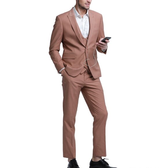 Peach Peak Lapel Double Breasted Vest Skinny Fit Men's Suit